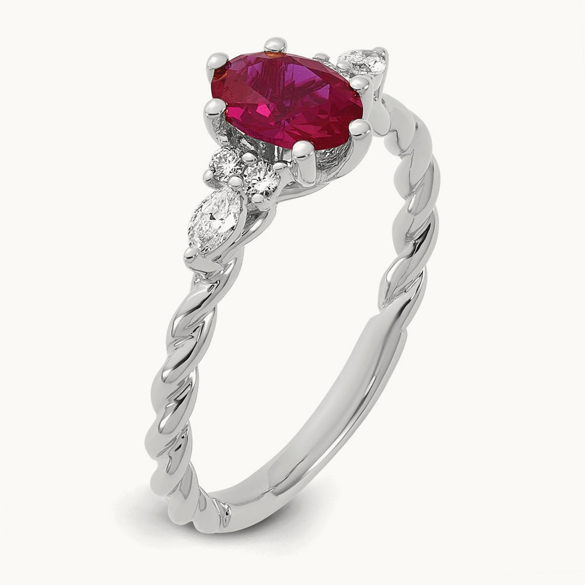 Polished Diamond and Lab Created Ruby Twisted Ring — 14K White Gold