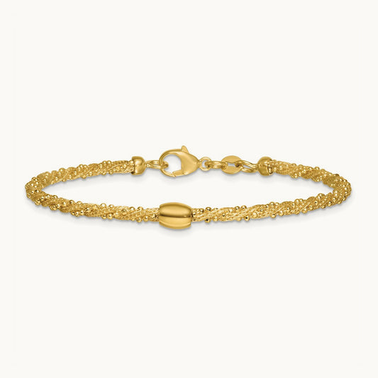 Polished and Textured Twist with Bead 7.25in Bracelet, 14K