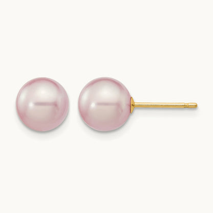 7- Purple Round Freshwater Cultured Pearl Stud Post Earrings, 8mm, 14K
