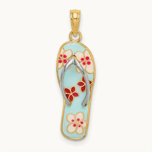 w/Rhodium 3D Enamel Fuschia and White Flowers On Aqua Flip-Flop Charm, 14K