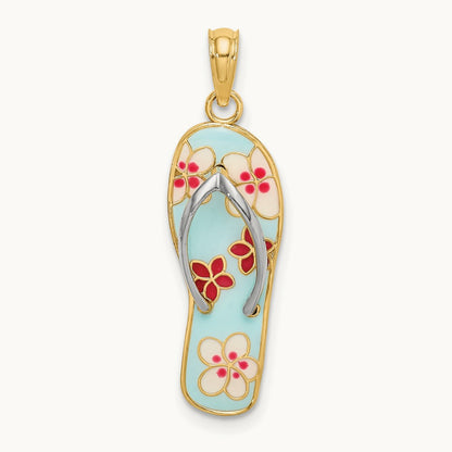 w/Rhodium 3D Enamel Fuschia and White Flowers On Aqua Flip-Flop Charm, 14K