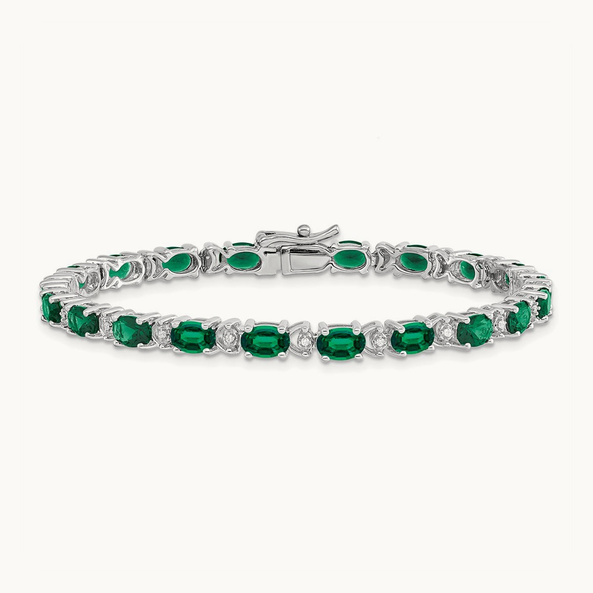 Oval Created Emerald and Diamond Bracelet, 14K White Gold