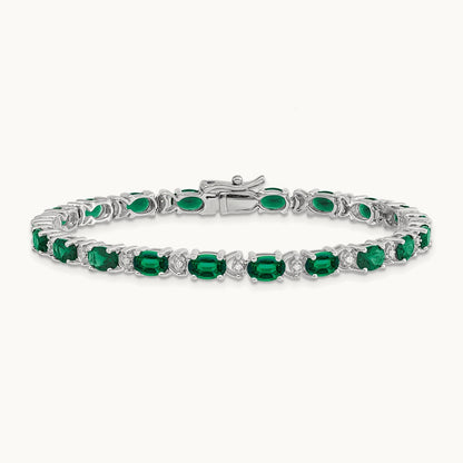 Oval Created Emerald and Diamond Bracelet, 14K White Gold