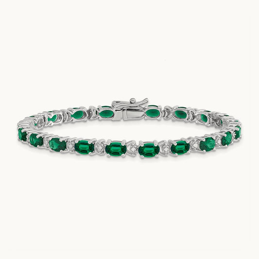 Oval Created Emerald and Diamond Bracelet, 14K White Gold
