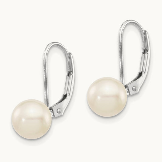 7- Round White Saltwater Akoya Pearl Leverback Earrings, 8mm, 14K White Gold