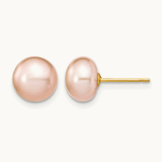 7- Near Round Pink FWC Pearl Necklace and Button Earring Set, 8mm, 14K