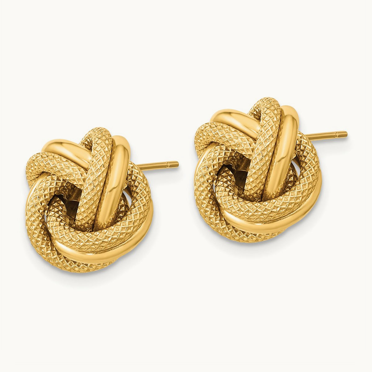 Polished Textured Double Love Knot Post Earrings — 14K Yellow Gold