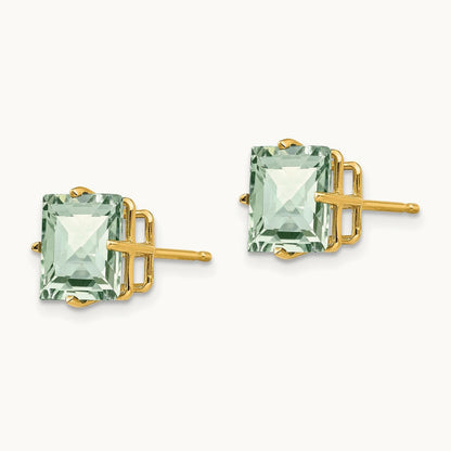 Square Checker-Cut Green Quartz Earrings, 8mm, 14K