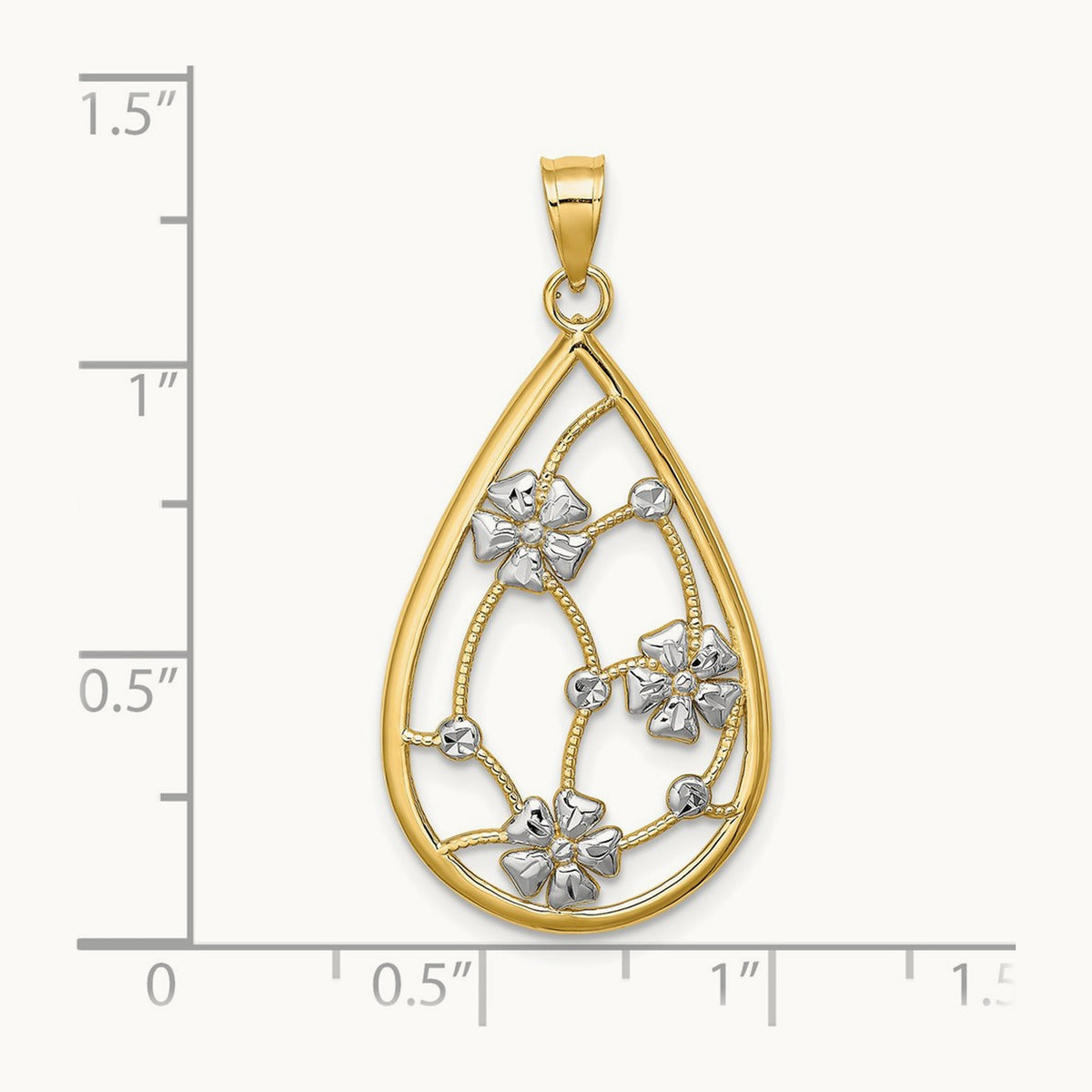 w/ White Rhodium Flowers In Teardrop Frame Charm, 14K