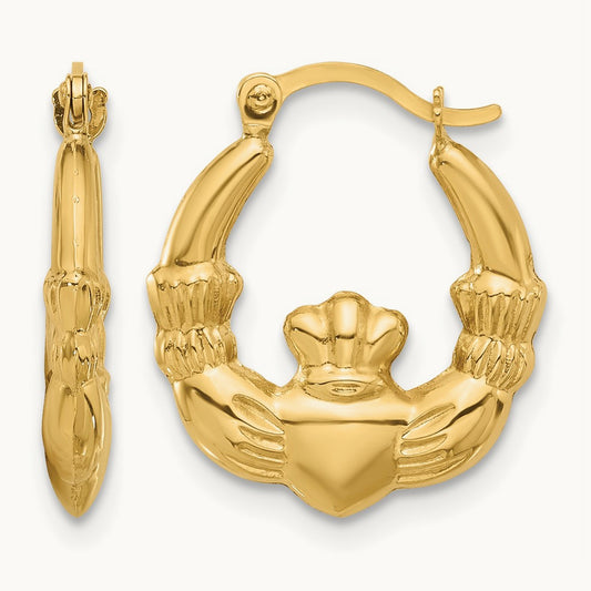 Polished Claddagh Hoop Earrings, 14K