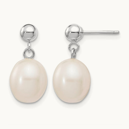 8- White Rice Freshwater Cultured Pearl Post Dangle Earrings, 9mm, 14K White Gold