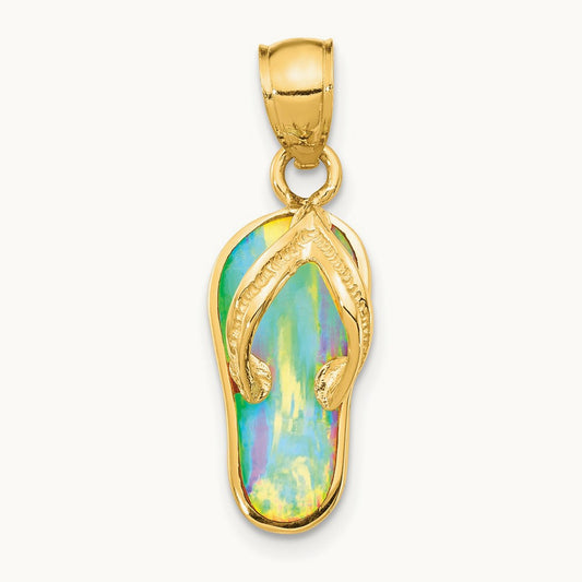 Polished 3D w/Created White Opal Flip Flop Pendant, 14K