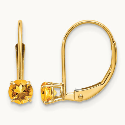 Round November/Citrine Leverback Earrings — 14K Yellow Gold