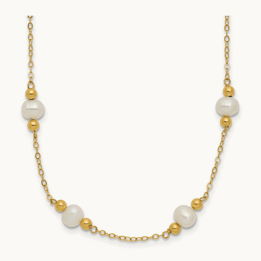 5- White Near Round FW Cultured Pearl Bead 12-station Necklace, 6mm, 14K