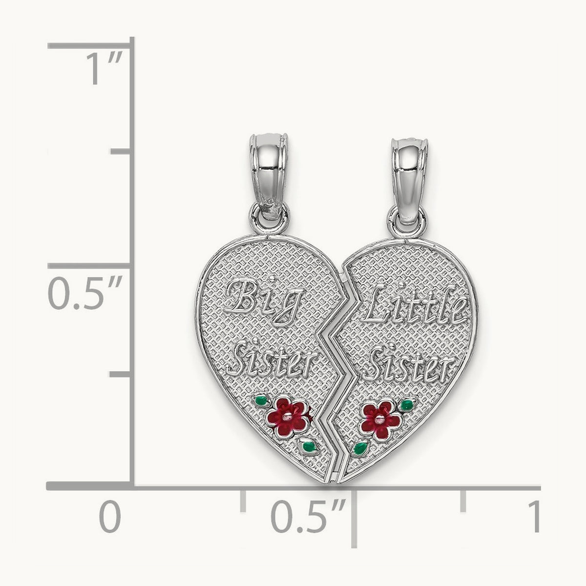 Enamel BIG-LITTLE SISTER Break Apart Heart Charm, 14K White Gold