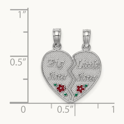 Enamel BIG-LITTLE SISTER Break Apart Heart Charm, 14K White Gold