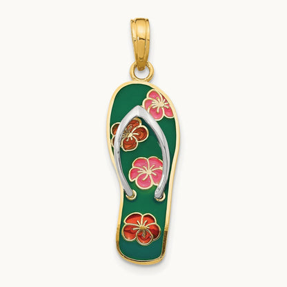 Rhodium 3D Enameled Flowers On Green Flip Flop Pendant, 14K