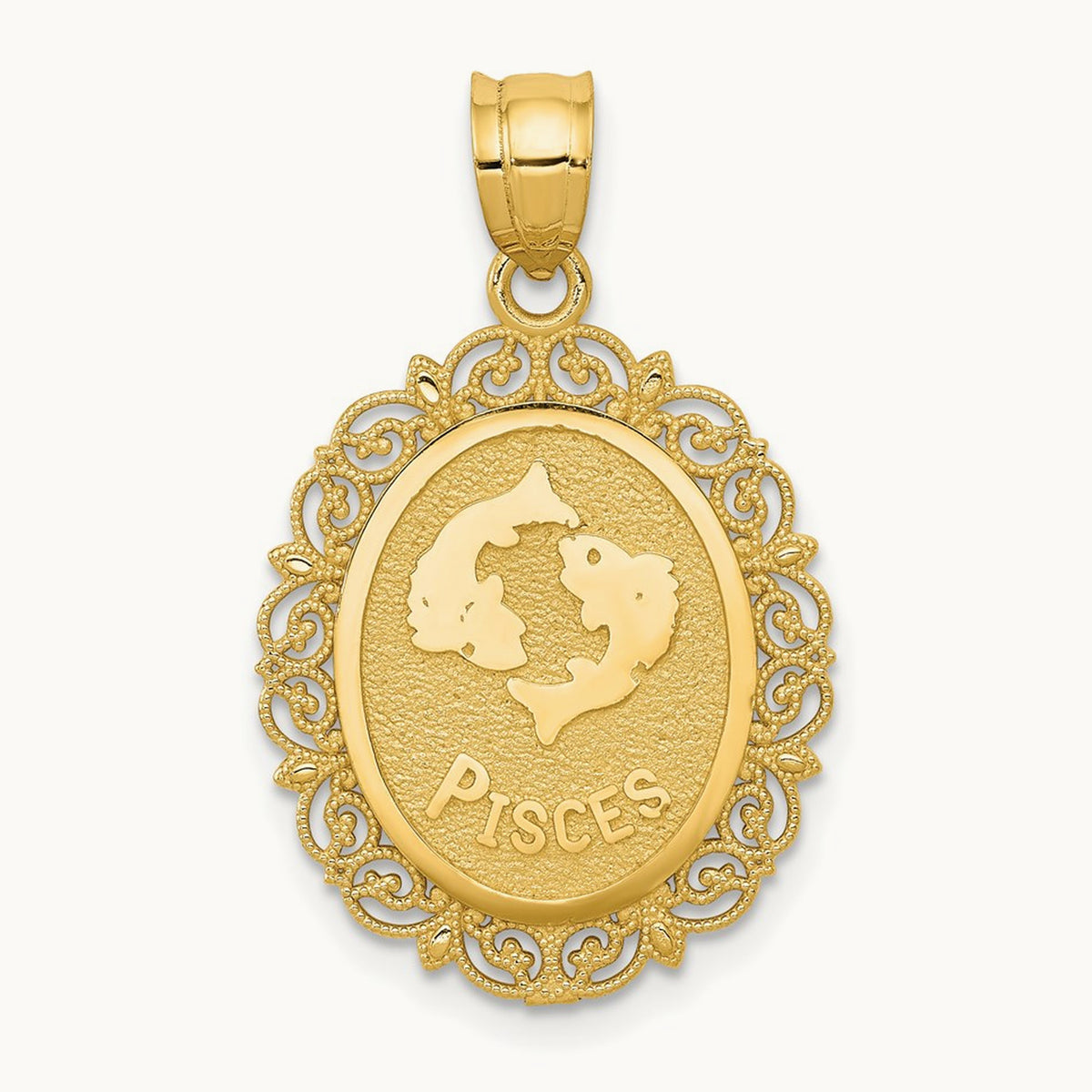Solid Satin Polished Pisces Zodiac Oval Pendant, 14K