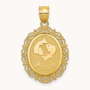 Solid Satin Polished Pisces Zodiac Oval Pendant, 14K