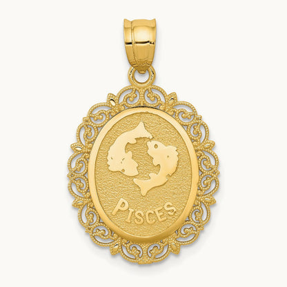 Solid Satin Polished Pisces Zodiac Oval Pendant, 14K