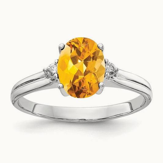 8x6mm Oval Citrine AA Diamond ring, 14K White Gold