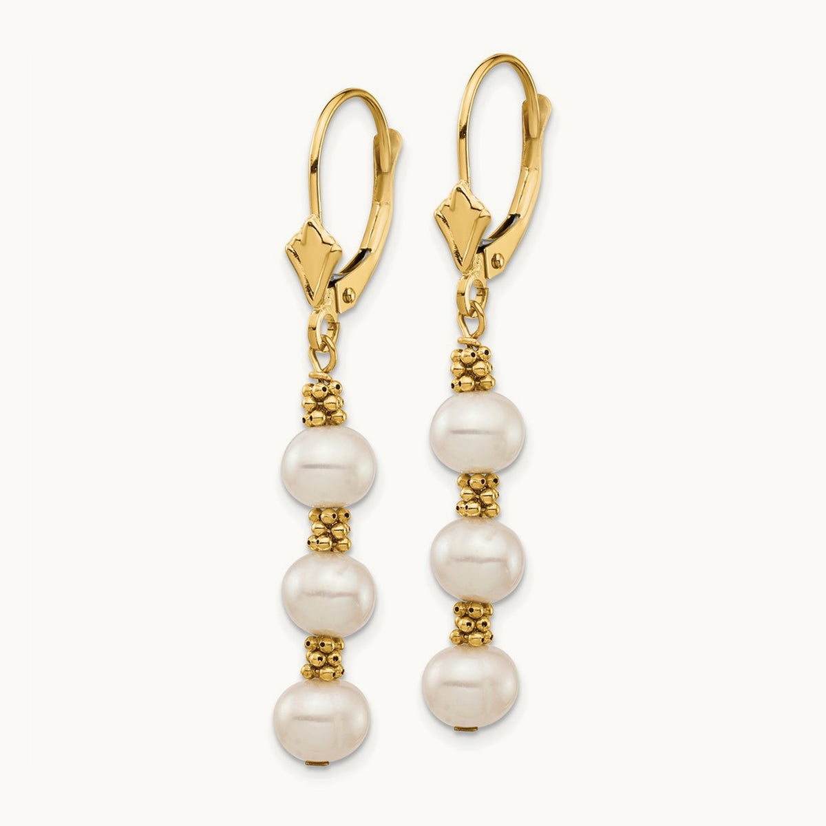 5- White Semi-round Freshwater Cultured Pearl Leverback Earrings, 14K