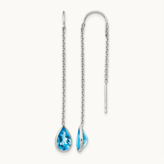 Blue Topaz Pear Bezel Threader Earrings, 14K White Gold