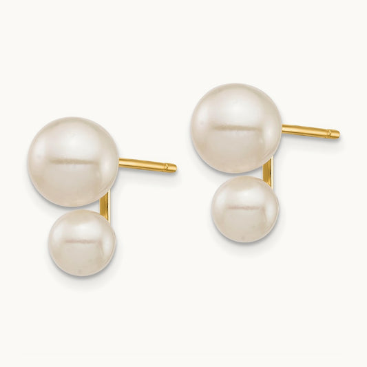 5 & White Round FW Cultured Double Pearl Post Earrings, 7mm, 14K