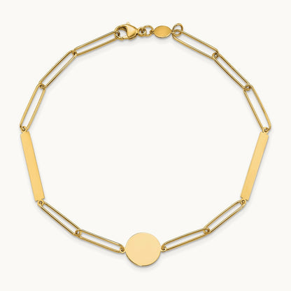 Polished Paperclip Link with Circle and Bar 8.25in Bracelet, 14K