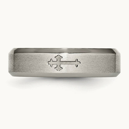 Brushed Center Cross Design Beveled Edge Band — 6mm