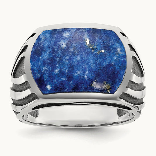 w/Black Rhod IBGoodman Men's Lapis Complete Ring, 14K White Gold