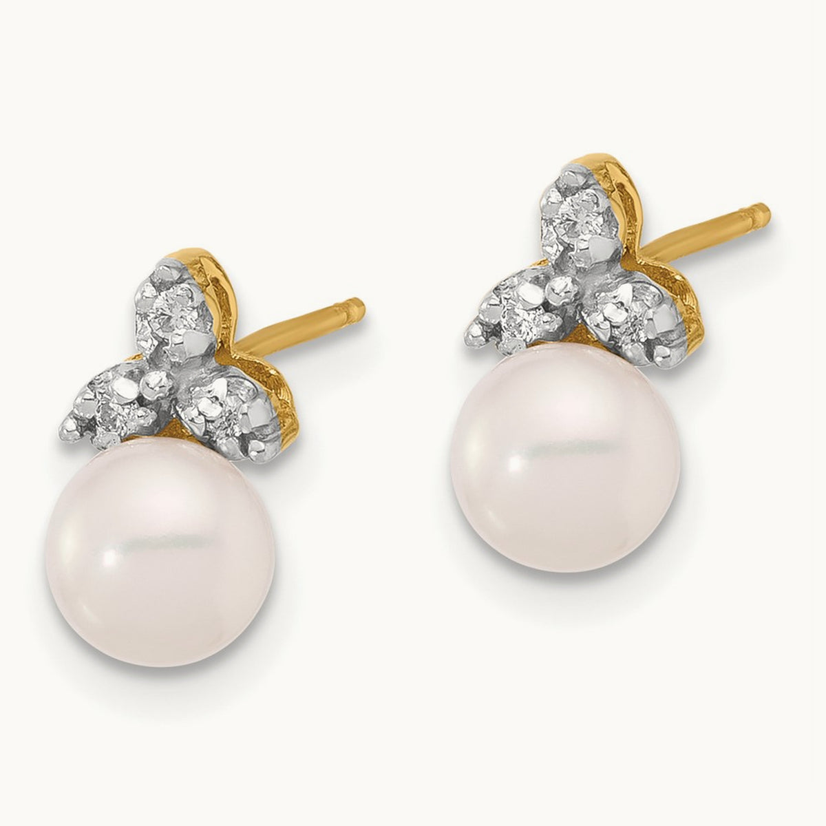 5- Round White FWC Pearl and .06ct Diamond Post Earrings, 6mm, 14K