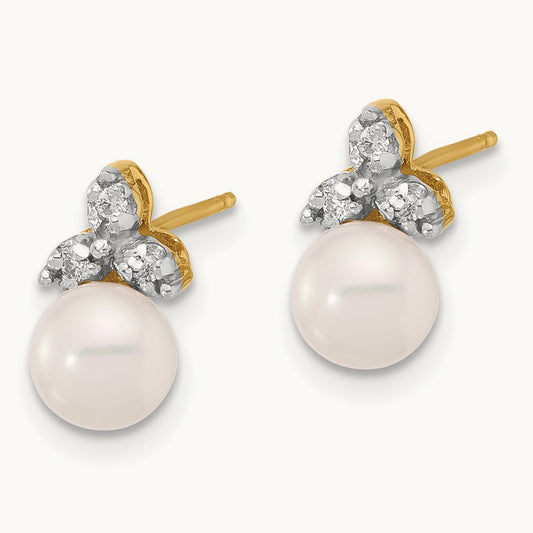5- Round White FWC Pearl and .06ct Diamond Post Earrings, 6mm, 14K