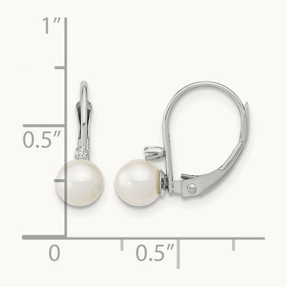 5- Round White FWC Pearl .02ct. Dia. Leverback Earrings, 6mm, 14K White Gold
