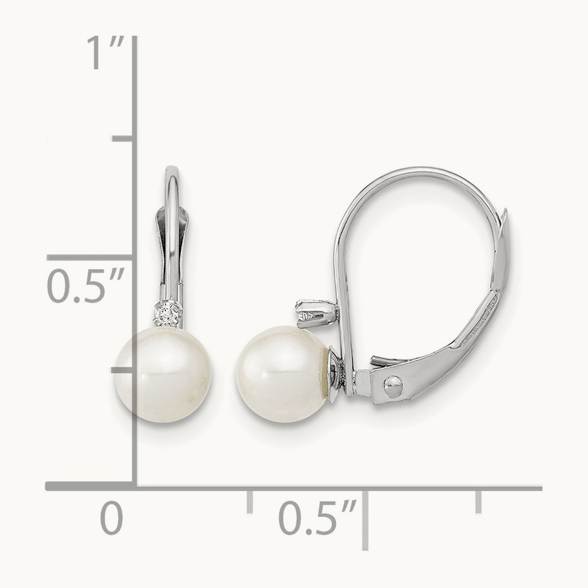 5- Round White FWC Pearl .02ct. Dia. Leverback Earrings, 6mm, 14K White Gold
