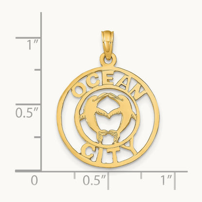 OCEAN CITY w/Dolphins Pendant, 14K