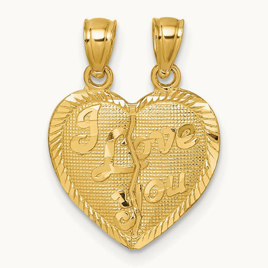 Polished Diamond-cut LOVE YOU Heart Break Apart Pendant, 14K