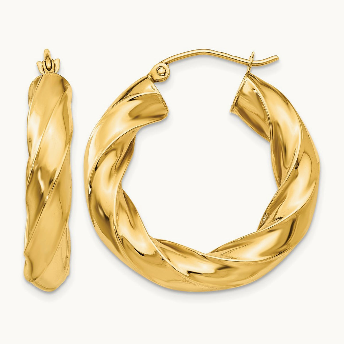 Square Tube Twisted Hoop Earrings — 14K Yellow Gold, 17mm, 5.0mm