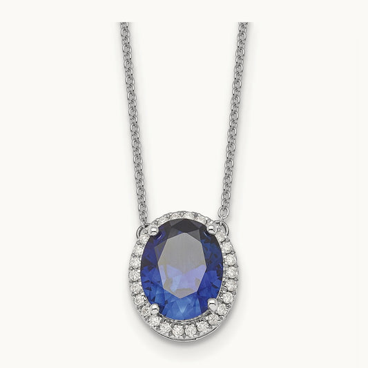 Oval Created Sapphire/Diamond 18in. Halo Necklace, 14K White Gold