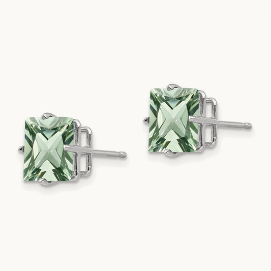 Princess 4-Prong Green Quartz Earrings, 8.0mm, 14K White Gold