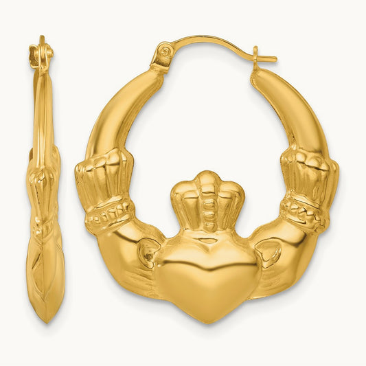 Polished Claddagh Hoop Earrings, 14K