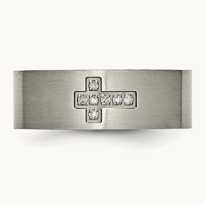 Brushed 1/15ct Diamond Cross Flat Band, 8mm, Titanium
