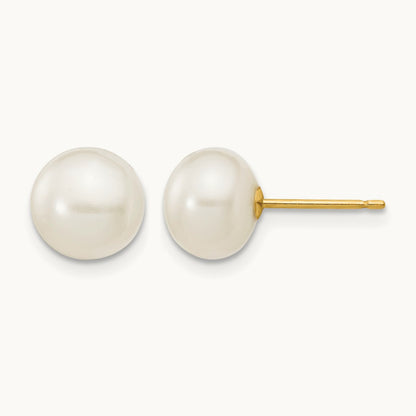 7- White Button Freshwater Cultured Pearl Stud Post Earrings, 8mm, 14K