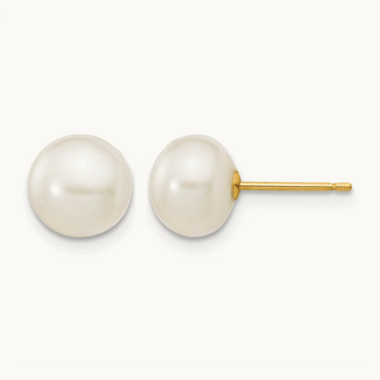 7- White Button Freshwater Cultured Pearl Stud Post Earrings, 8mm, 14K