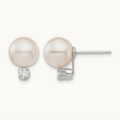 8- Round White Saltwater Akoya .20ct. Diamond Earrings, 9mm, 14K White Gold