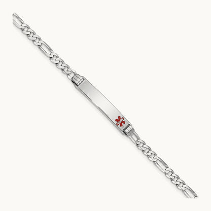 Medical Red Enamel Figaro Link ID Bracelet, 14K White Gold