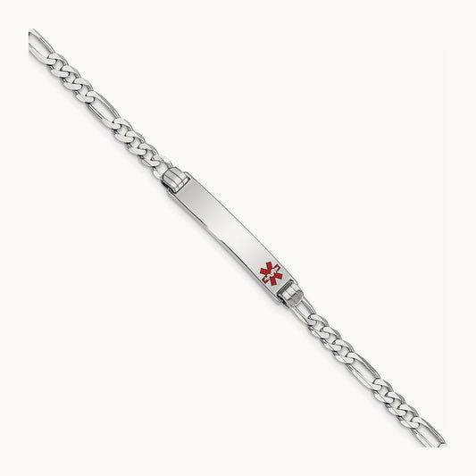Medical Red Enamel Figaro Link ID Bracelet, 14K White Gold