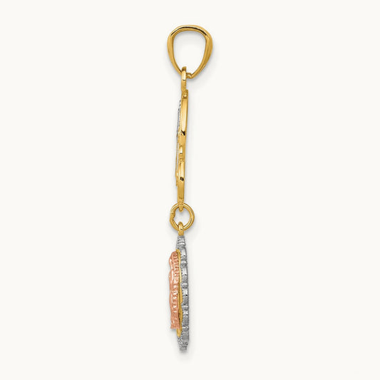 w/White Rhodium Lady Guadalupe Cross Pendant, 14K Two-tone