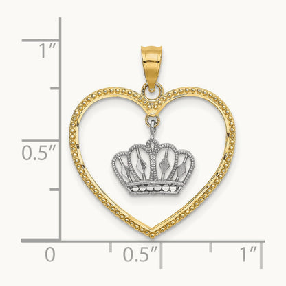 14k& White Rhodium Beaded Heart w/ Dangling Crown Charm