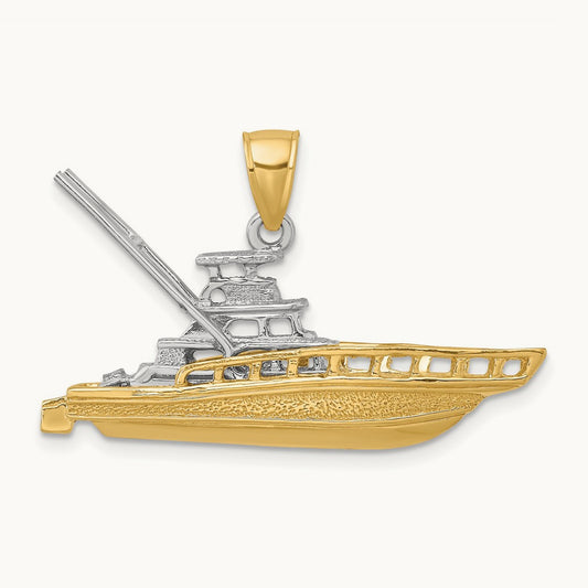 Textured 3-D Offshore Sportfishing Boat Charm, 14K Two-tone